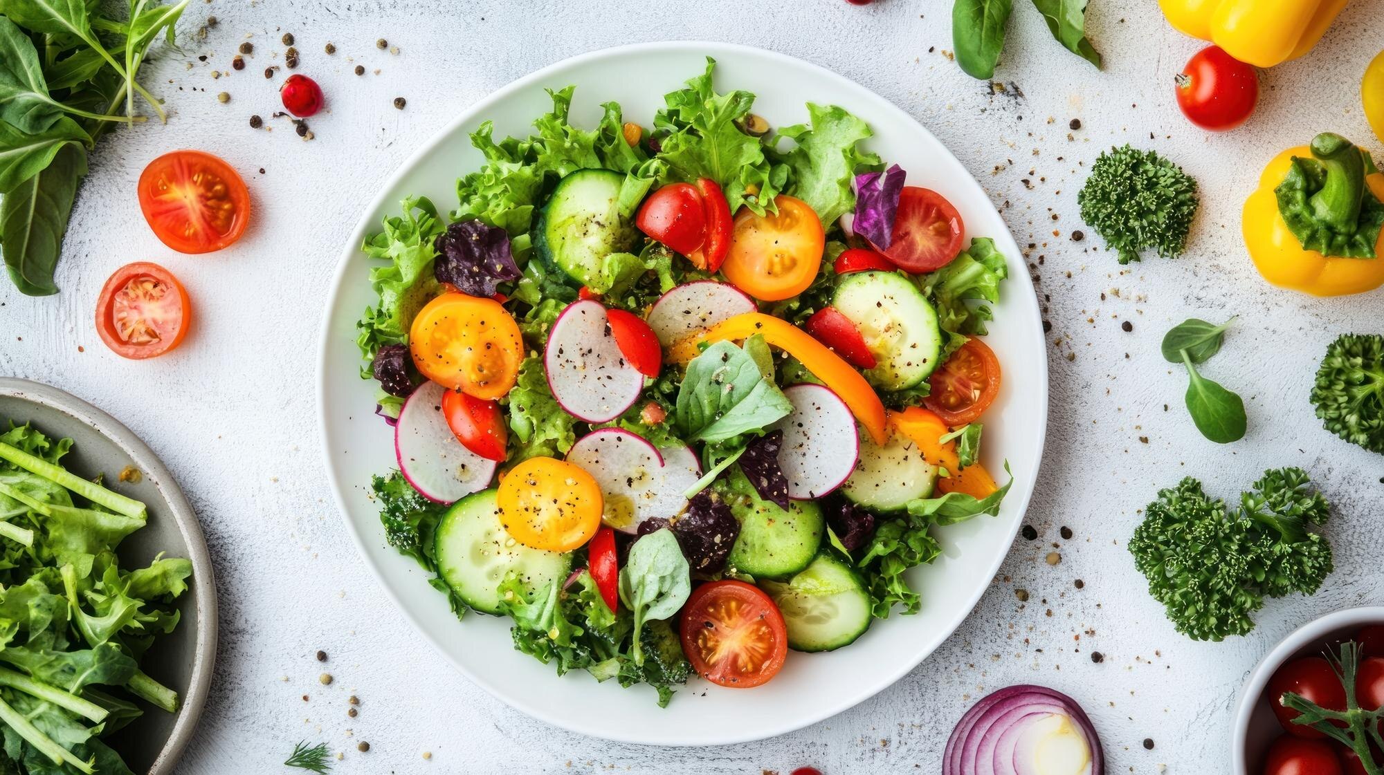 A bowl of colourful mixed salad vegetables including lettuce, tomatoes and peppers