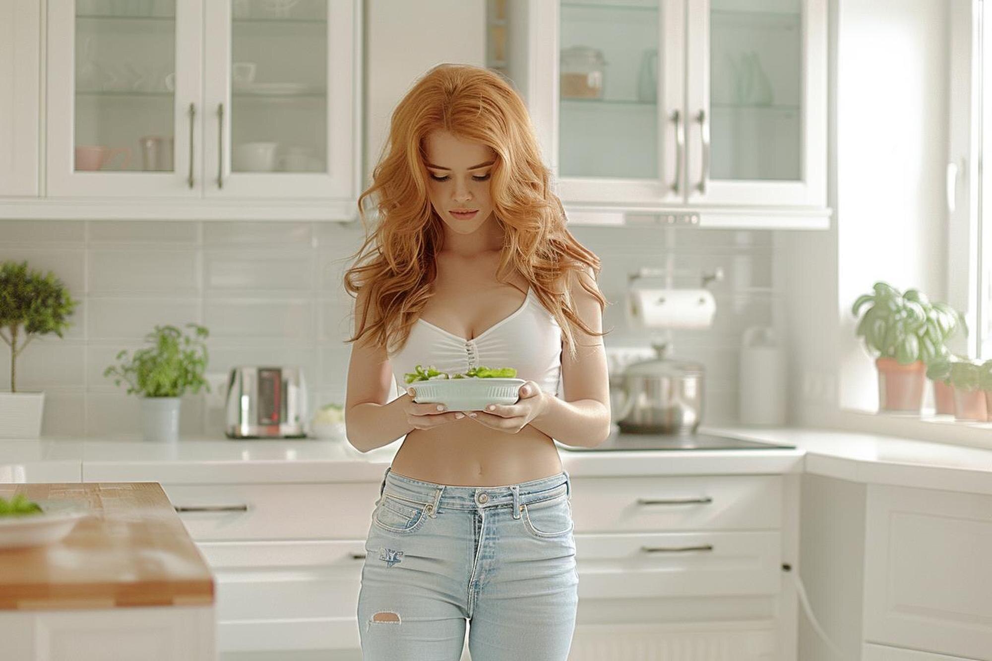 Woman eating a healthy salad in a bright kitchen, relaxed and comfortable